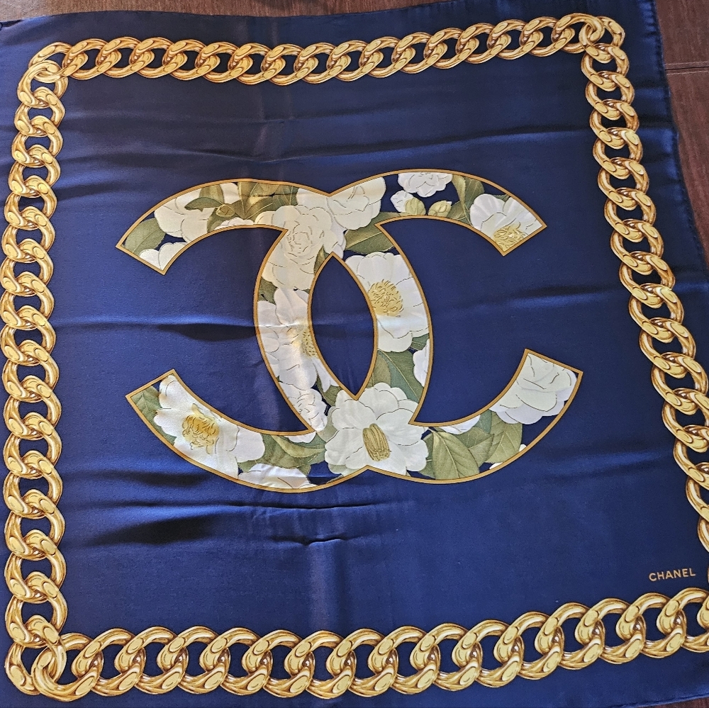 Chanel Navy Blue Silk Scarf with Gold Chain Design